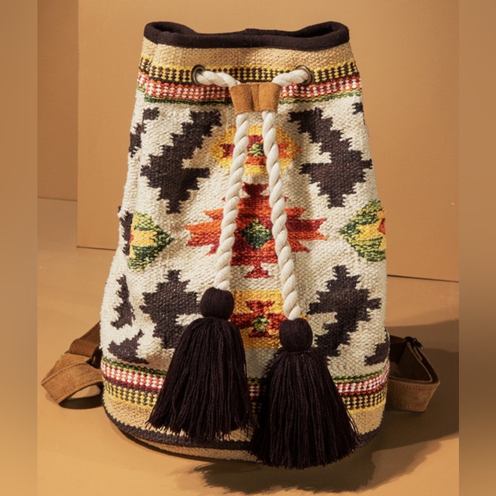 Bucket Style Backpack - Boho Ethnic Inspired Navajo Pattern - Handwoven Cotton - Picture 2 of 10